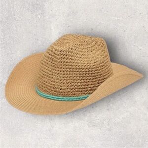 NWT VINCE CAMUTO Straw Panama Sun Hat Turquoise Beaded Band Packable (DEFECT)